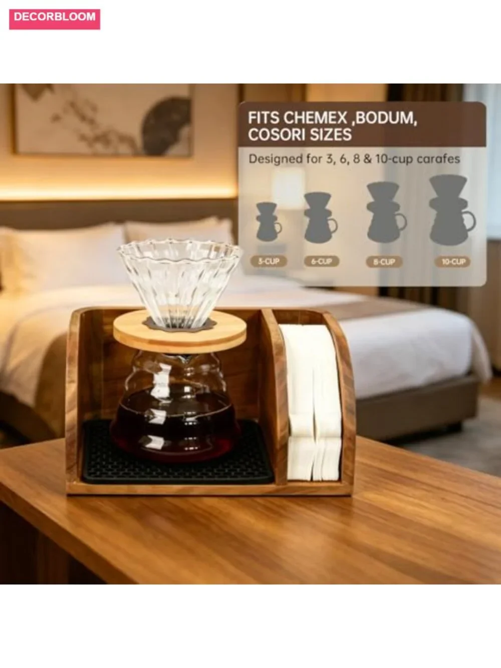 Acacia Wood Coffee Caddy Station Organizer for Chemex Pour Over Maker
